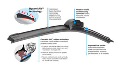 Bosch ICON 24OE asymmetrical spoiler design stabilizes blade on windshield