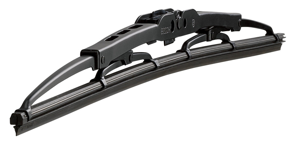 Bosch MicroEdge wiper blade showing an aerodynamic steel frame design for reduced noise.