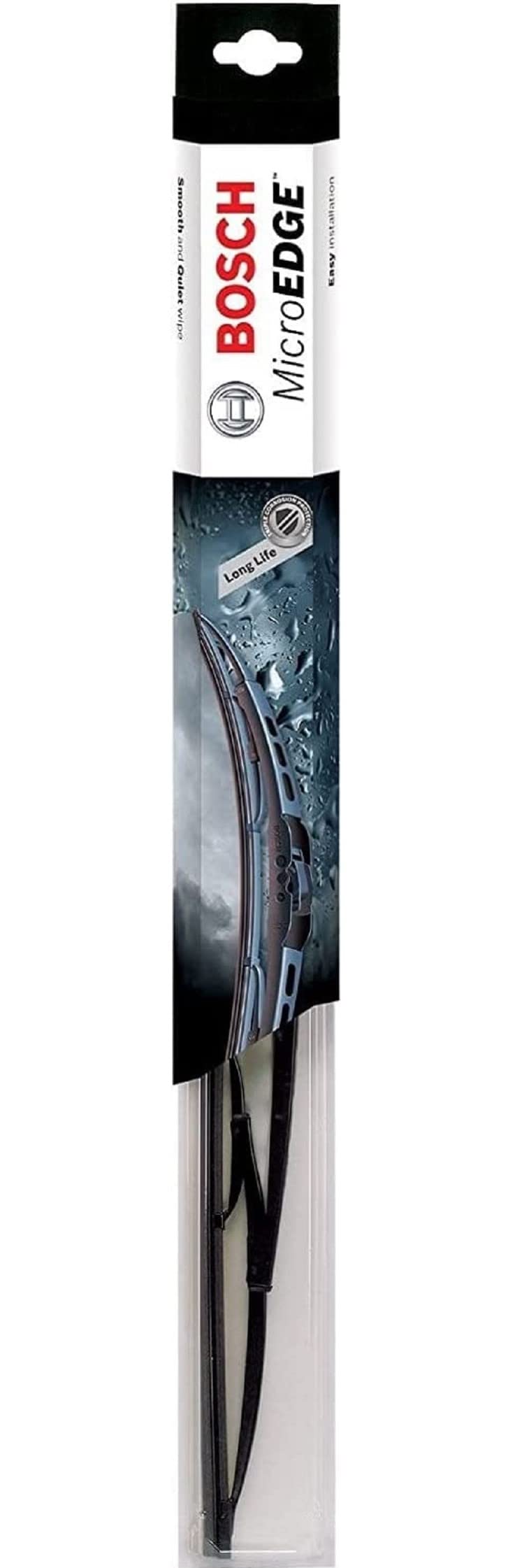 Bosch MicroEdge wiper blade front view with durable beam design for clear visibility.