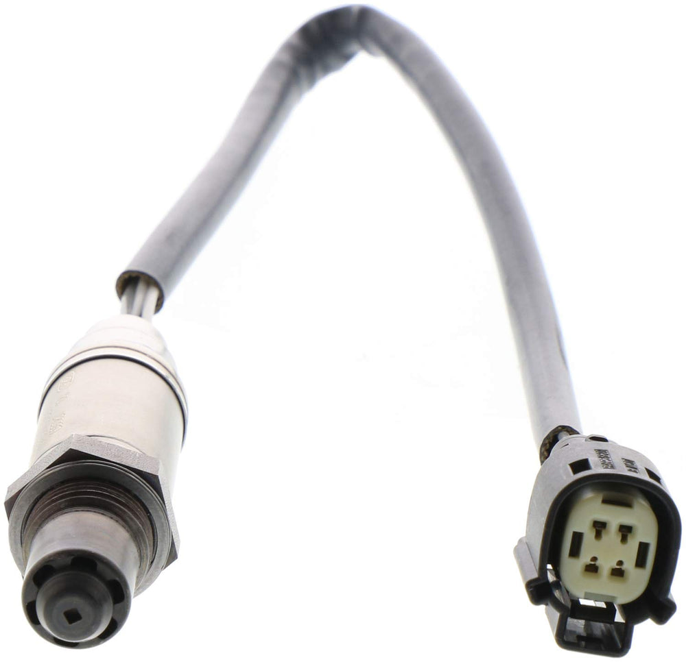 Bosch 15383 oxygen sensor closeup highlights durable stainless steel body for longevity.