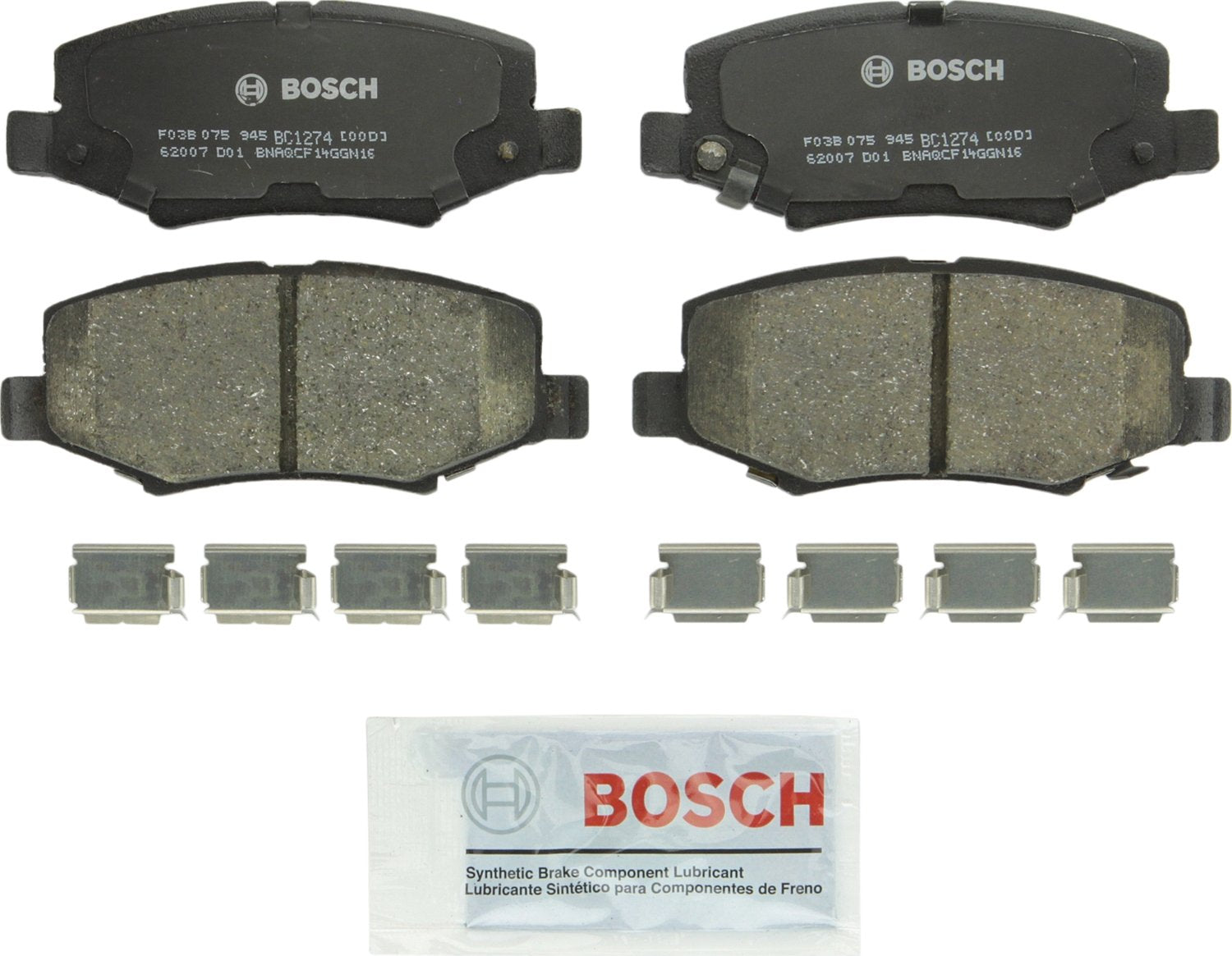 Bosch QuietCast rear brake pads with ceramic friction for quiet stops.