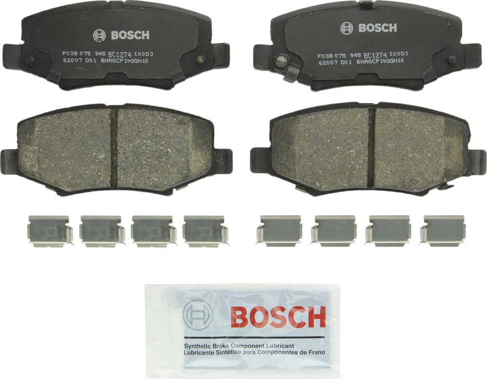 Bosch QuietCast rear brake pads with ceramic friction for quiet stops.