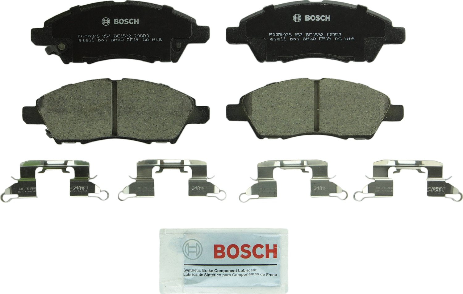 Bosch QuietCast BC1592 front brake pads with pre-attached shims for quiet stopping.