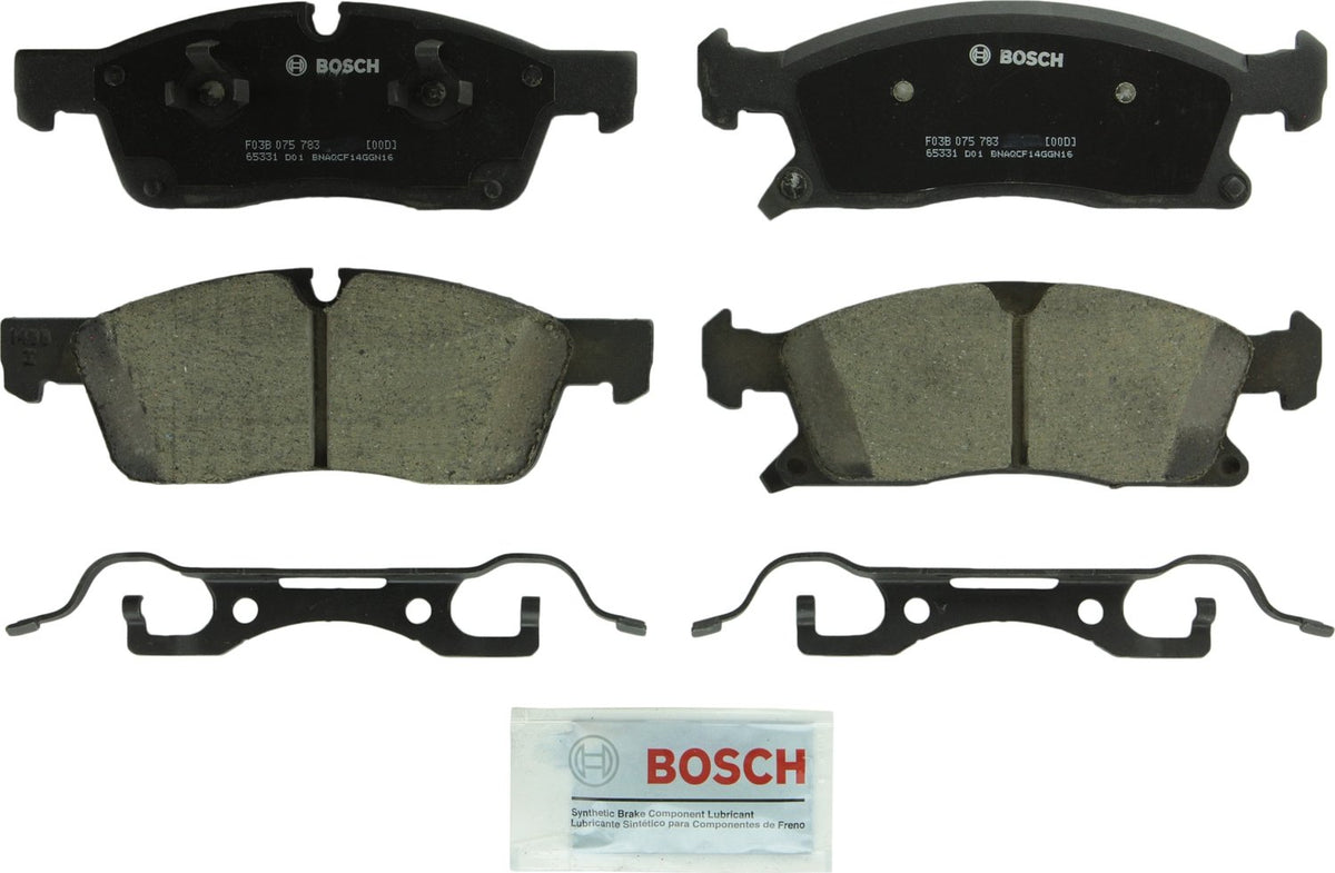 Bosch QuietCast front brake pads for Dodge Durango and Jeep Grand Cherokee, quiet, low-dust braking.
