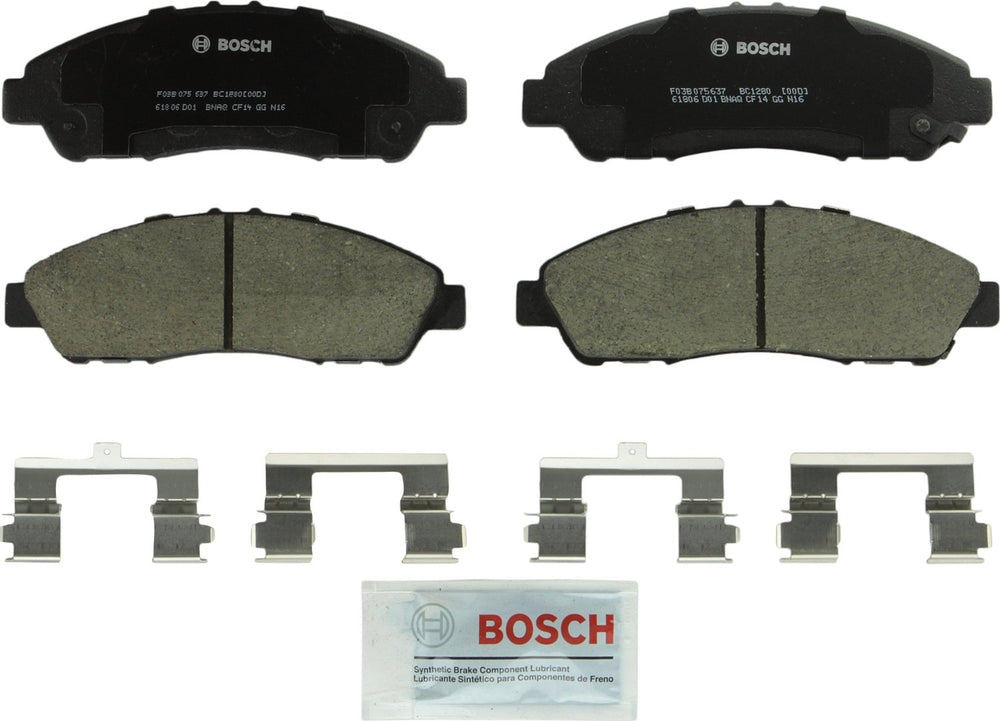 Bosch QuietCast front brake pad set shown for OE-style fit and quiet stopping.