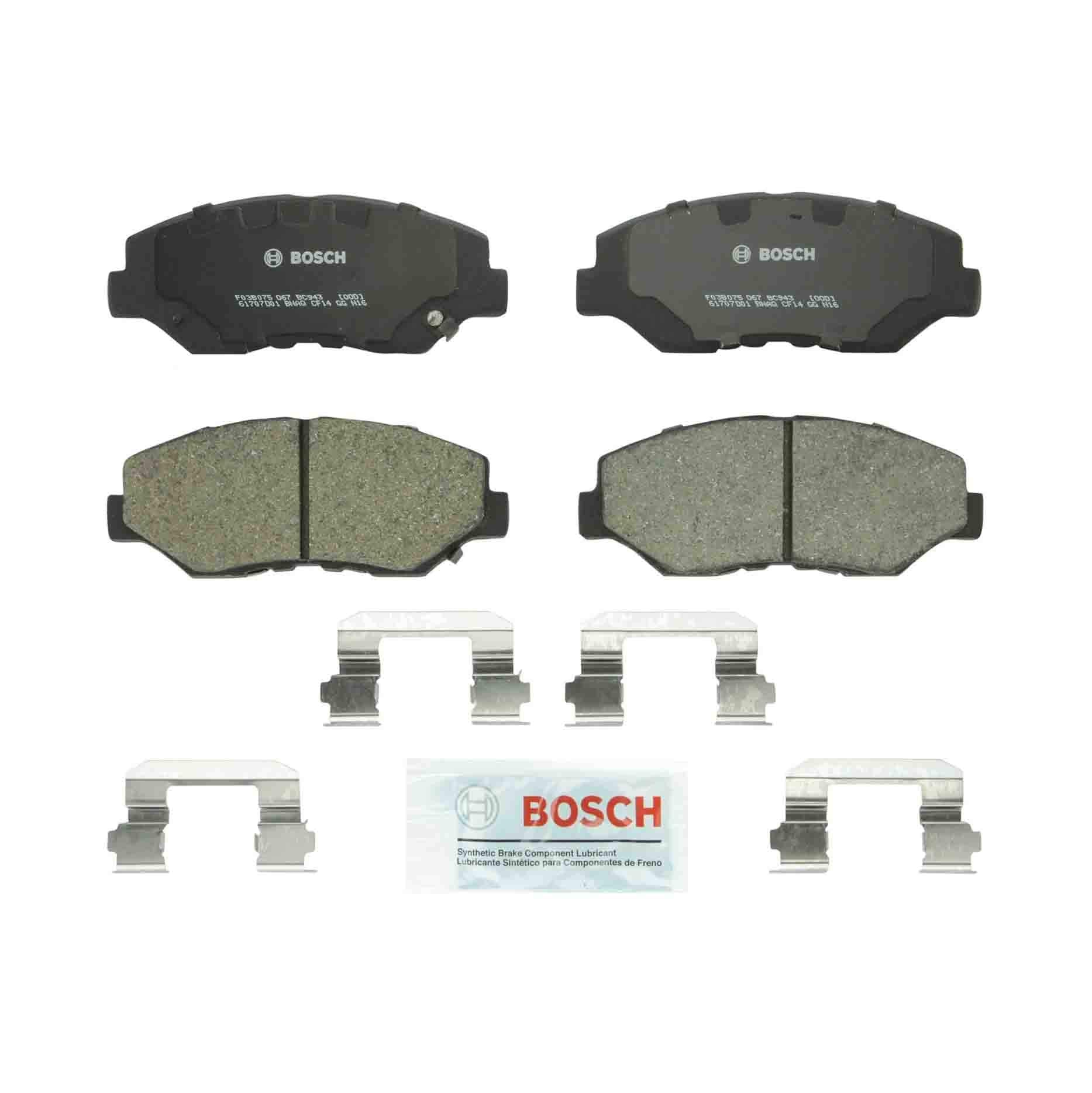 Bosch QuietCast front brake pad set with OE-style shims for quieter stops.