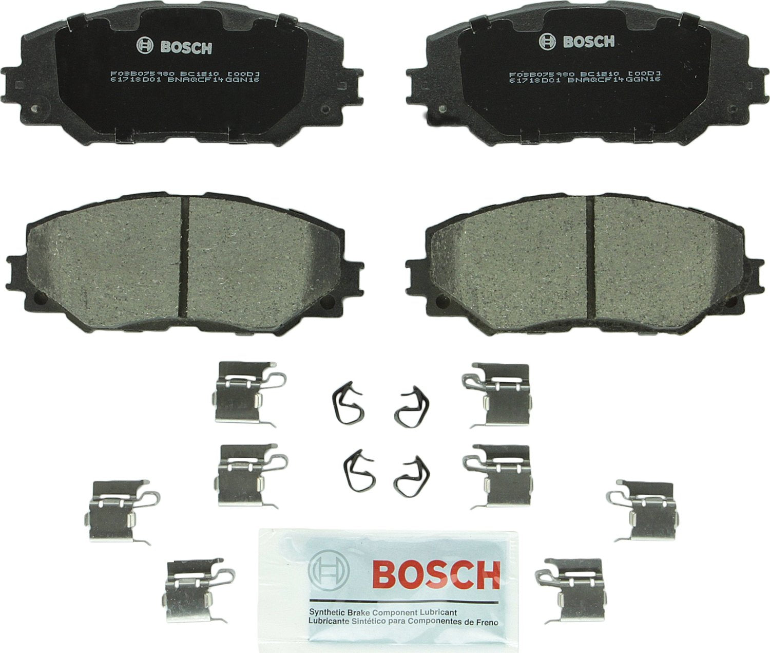 Bosch QuietCast front brake pad set for quiet, reliable braking and low dust.