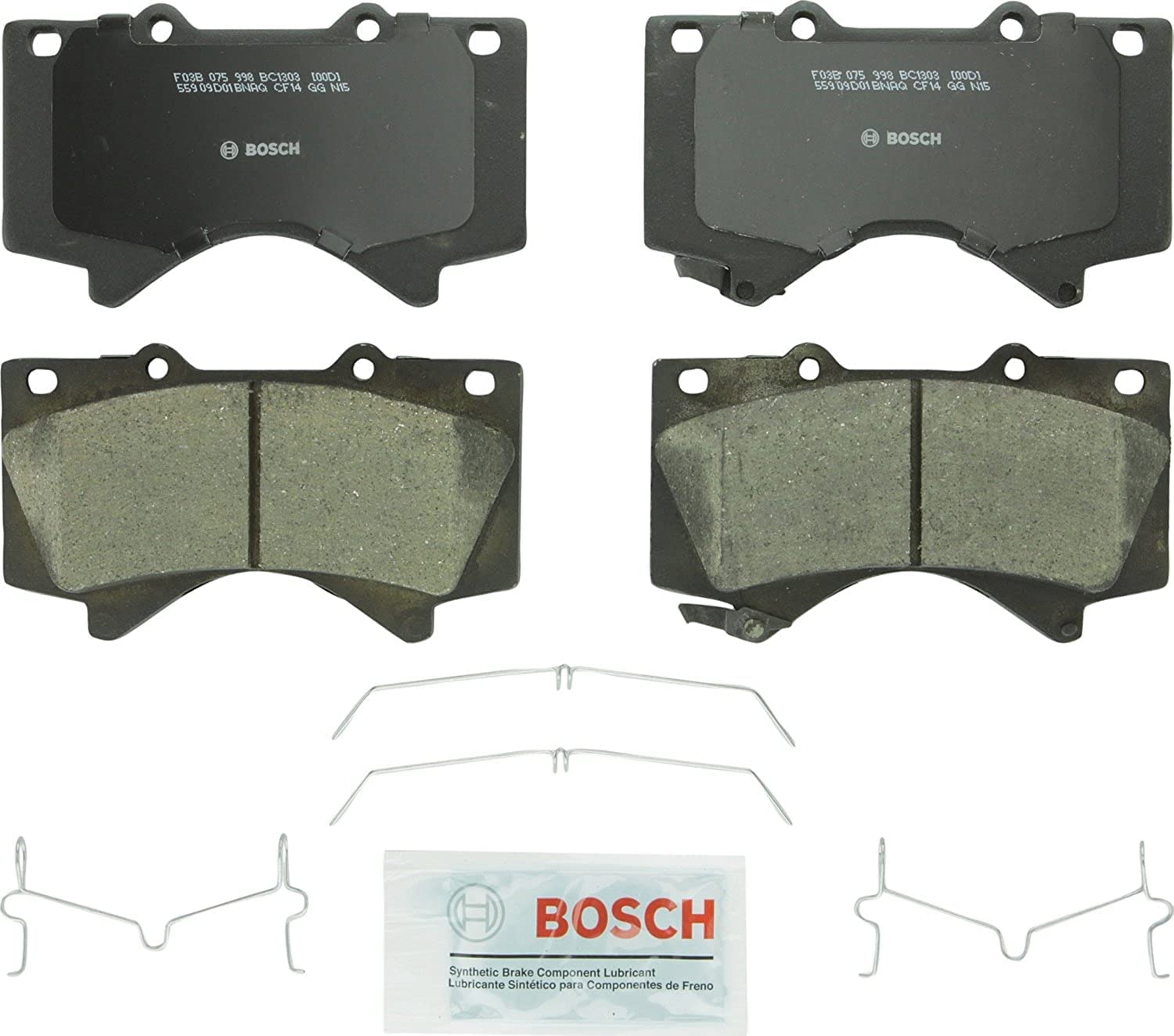 Bosch QuietCast front brake pads for Lexus LX570; quiet operation and strong stopping power.