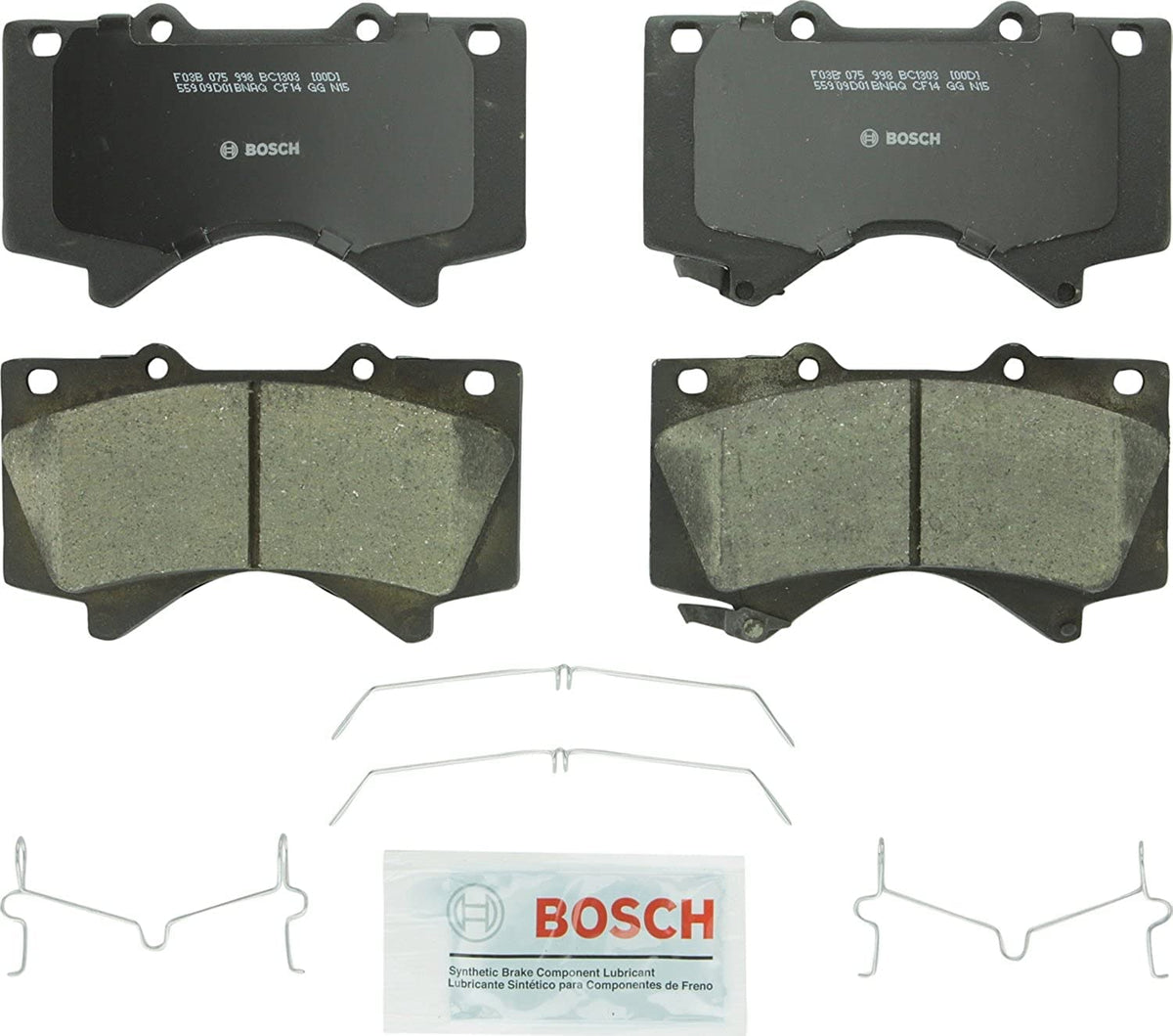 Bosch QuietCast front brake pads for Lexus LX570; quiet operation and strong stopping power.