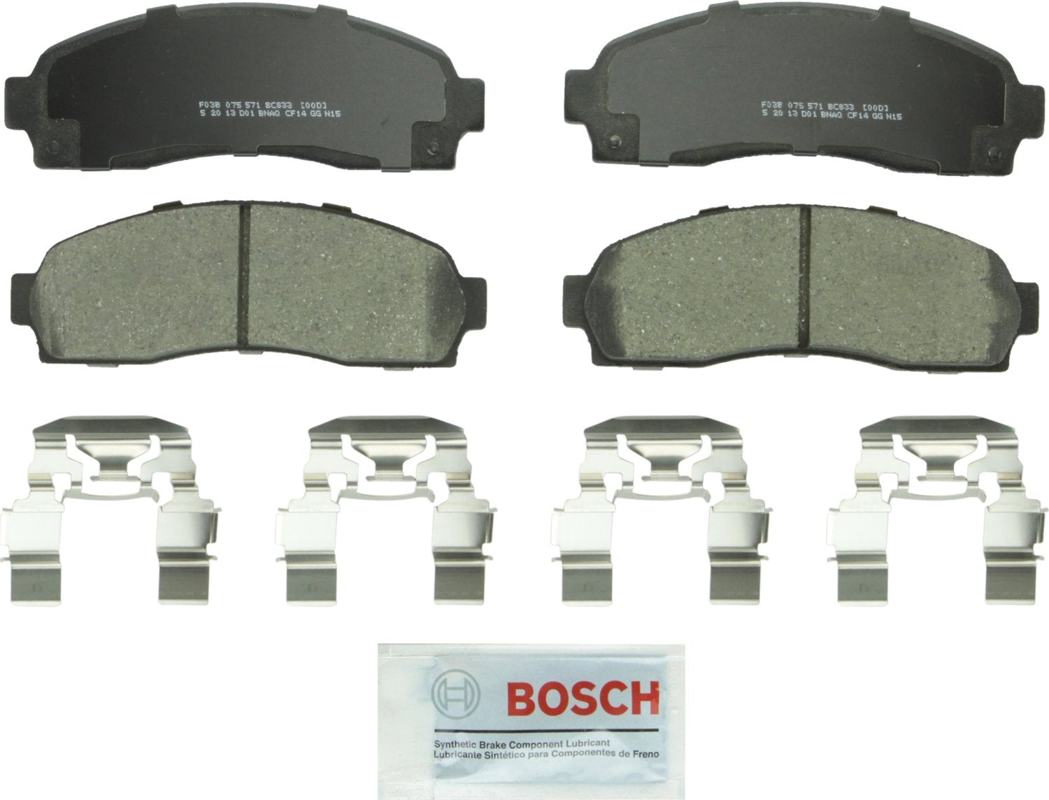 Bosch QuietCast front brake pads with ceramic friction for quiet stopping and reduced dust.