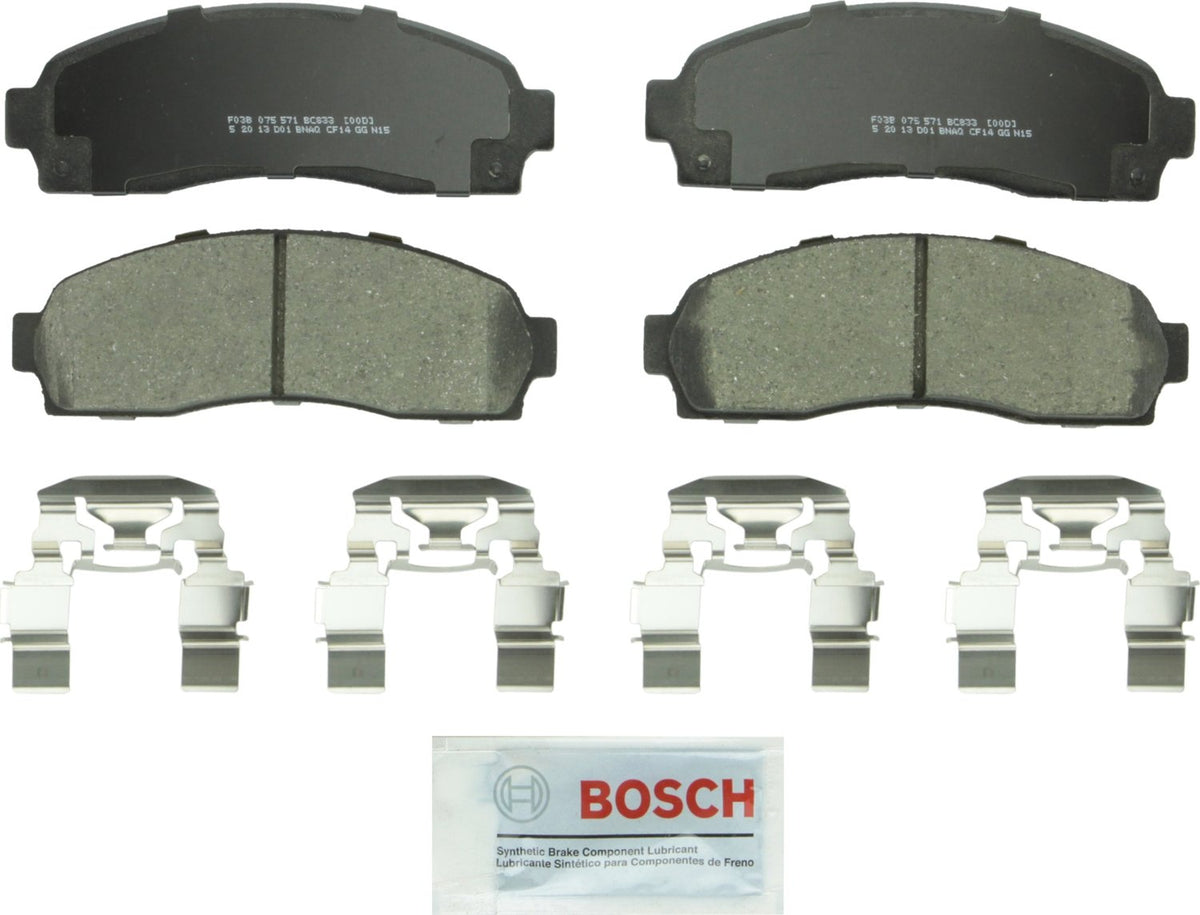 Bosch QuietCast front brake pads with ceramic friction for quiet stopping and reduced dust.