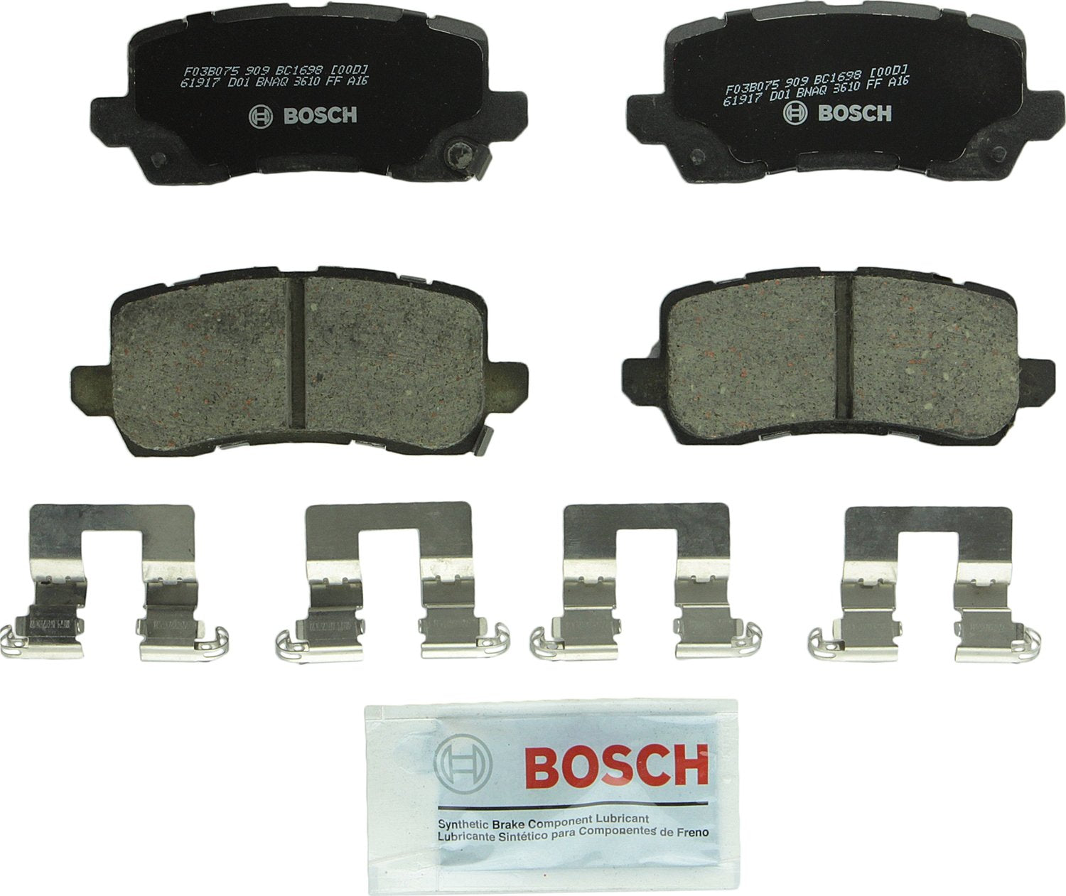 Bosch QuietCast brake pad rear view showing corrosion-resistant backing plate and low-dust performance