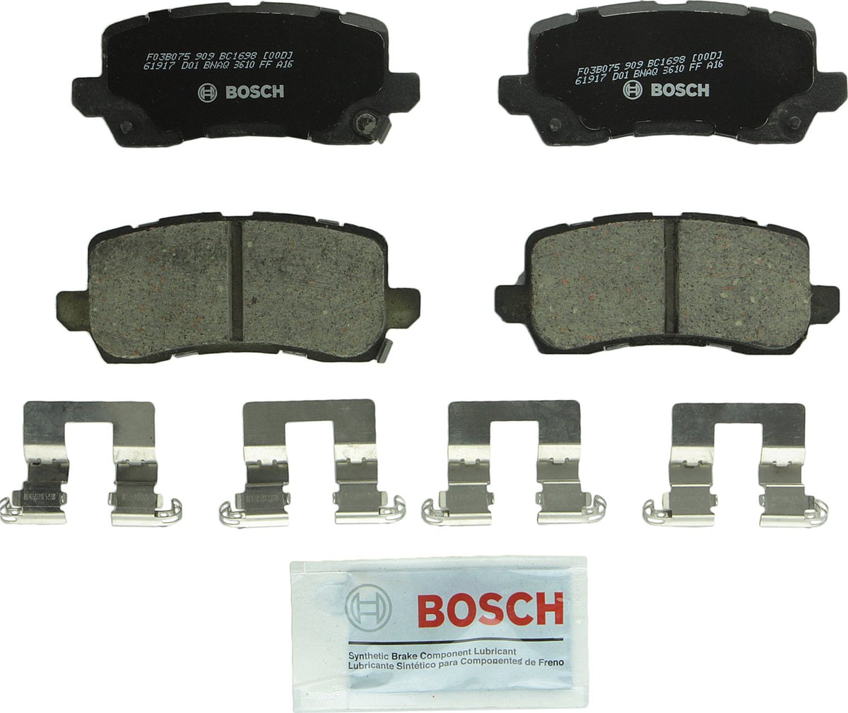 Bosch QuietCast brake pad rear view showing corrosion-resistant backing plate and low-dust performance