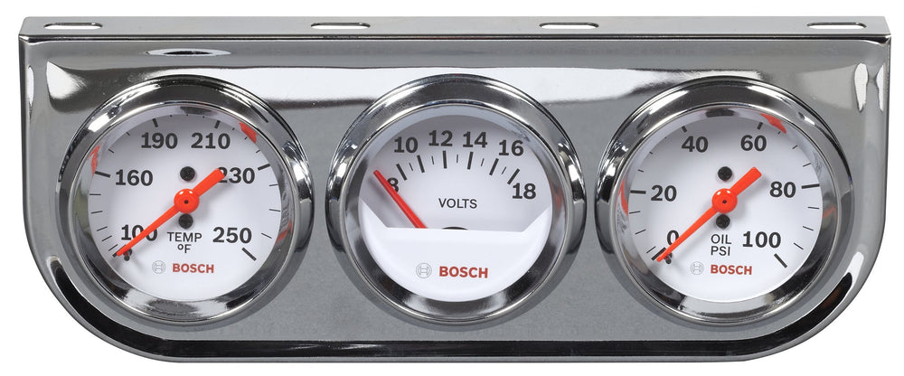 Bosch Style Line 2in triple gauge kit front view with white dial for quick readings