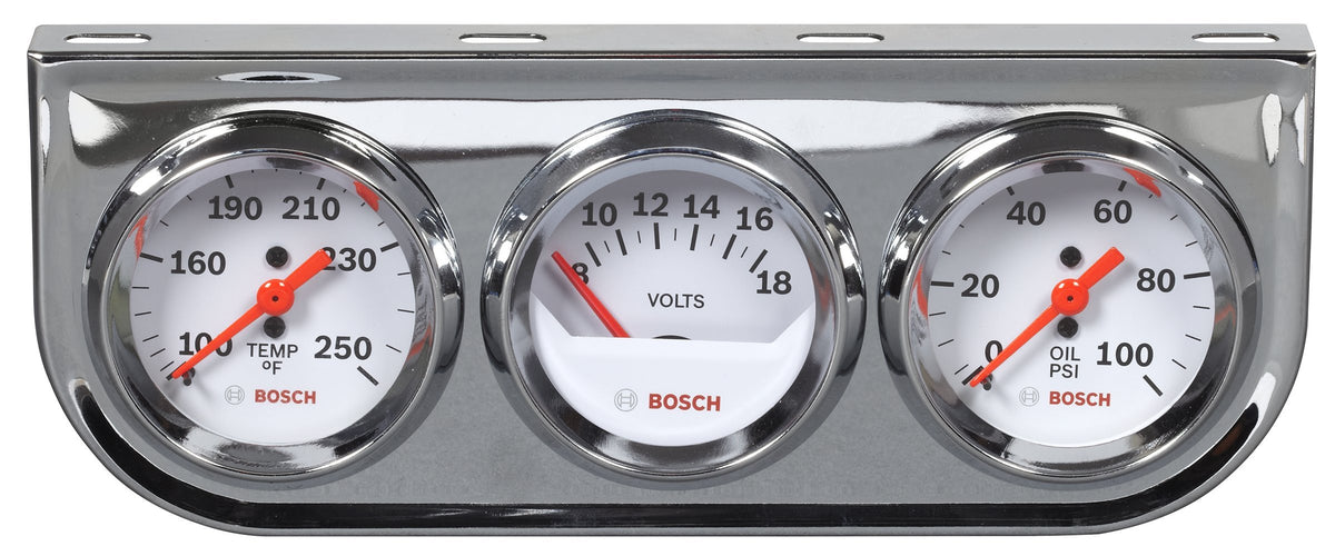 Bosch Style Line 2in triple gauge kit front view with white dial for quick readings