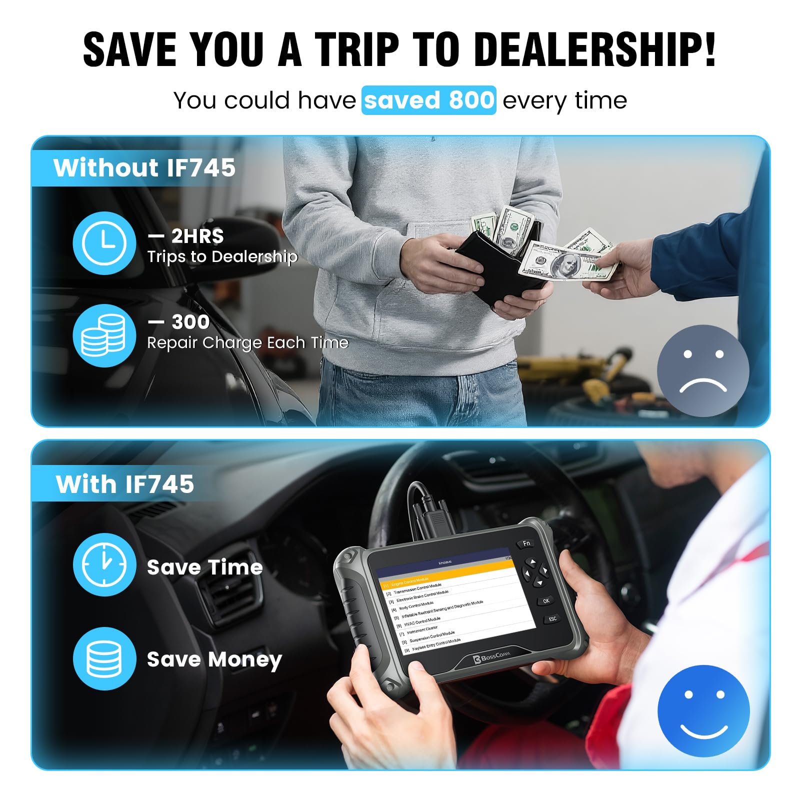 BossComm IF745 AutoVIN instantly retrieves vehicle VIN for faster checks.