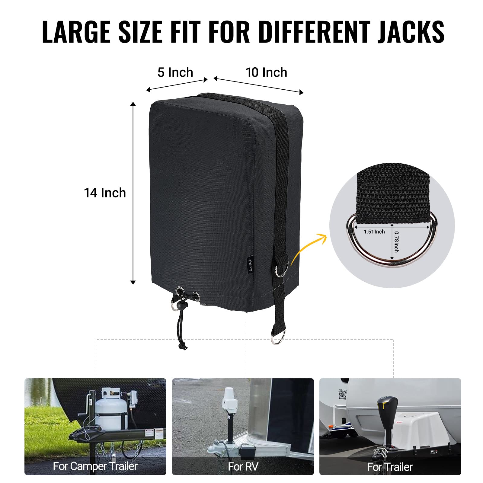 BougeRV Large cover measures 14x5x10 inches for versatile trailer jacks