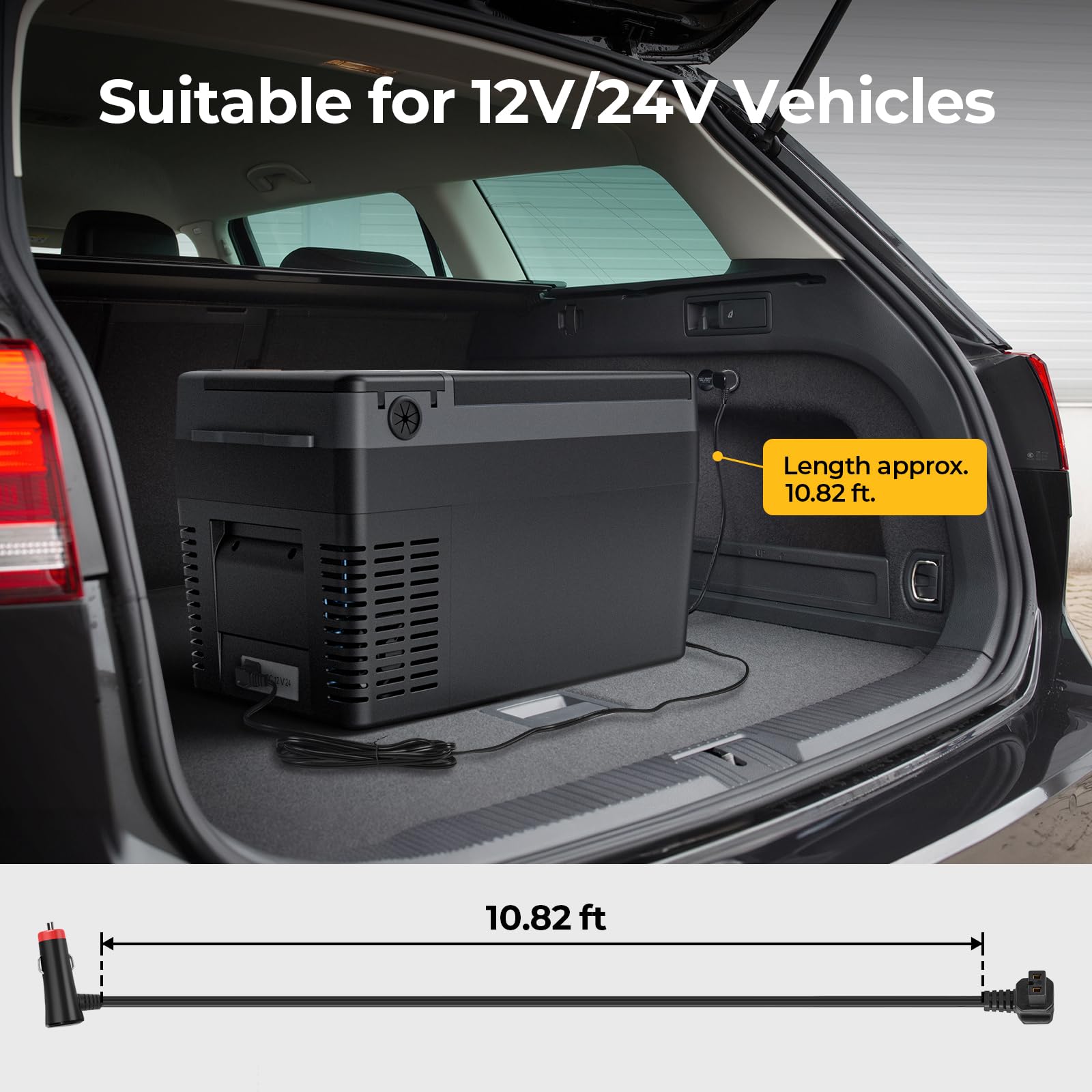 BougeRV 12V/24V cigarette lighter compatibility securely powers a car fridge.