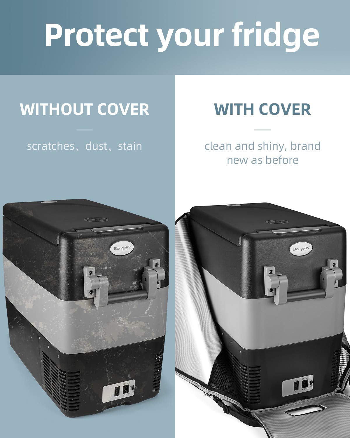 BougeRV 53 Qt cover showing 600D Oxford outer material for durability.