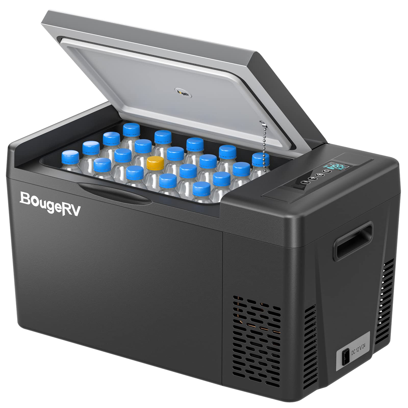 BougeRV CR22 refrigerator front view showing compact 23 Qt size for travel