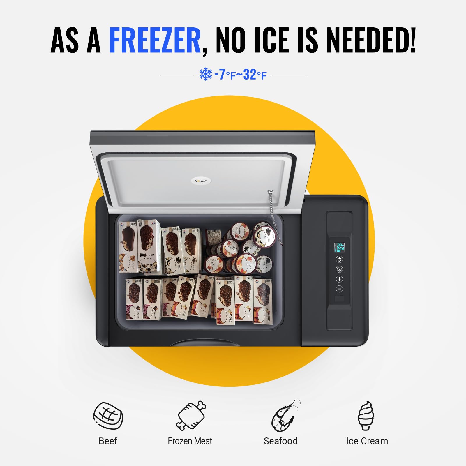 BougeRV CR22 refrigerator side view highlighting portable design for vehicles