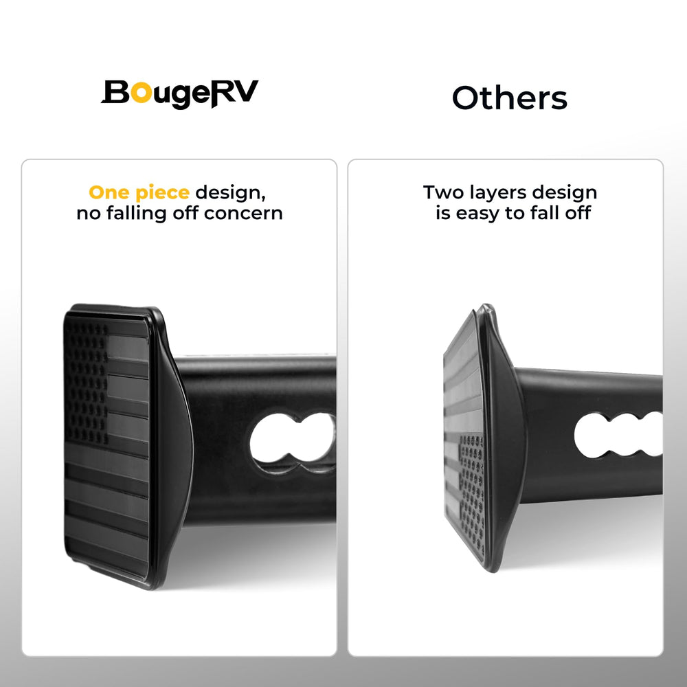 Rust-proof aluminum BougeRV hitch cover withstands all-weather use.