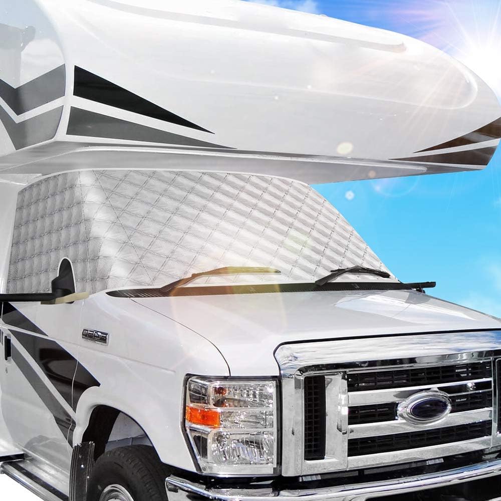 BougeRV windshield cover front view with mirror cutouts provides frost protection.