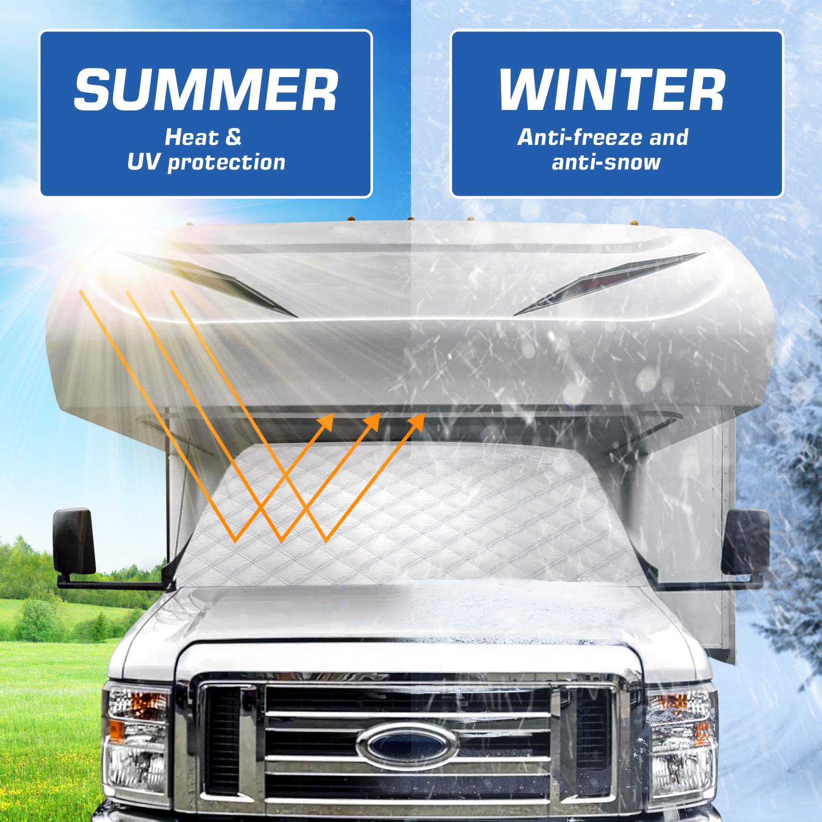 BougeRV privacy shield covers front and side glass when parked for privacy.