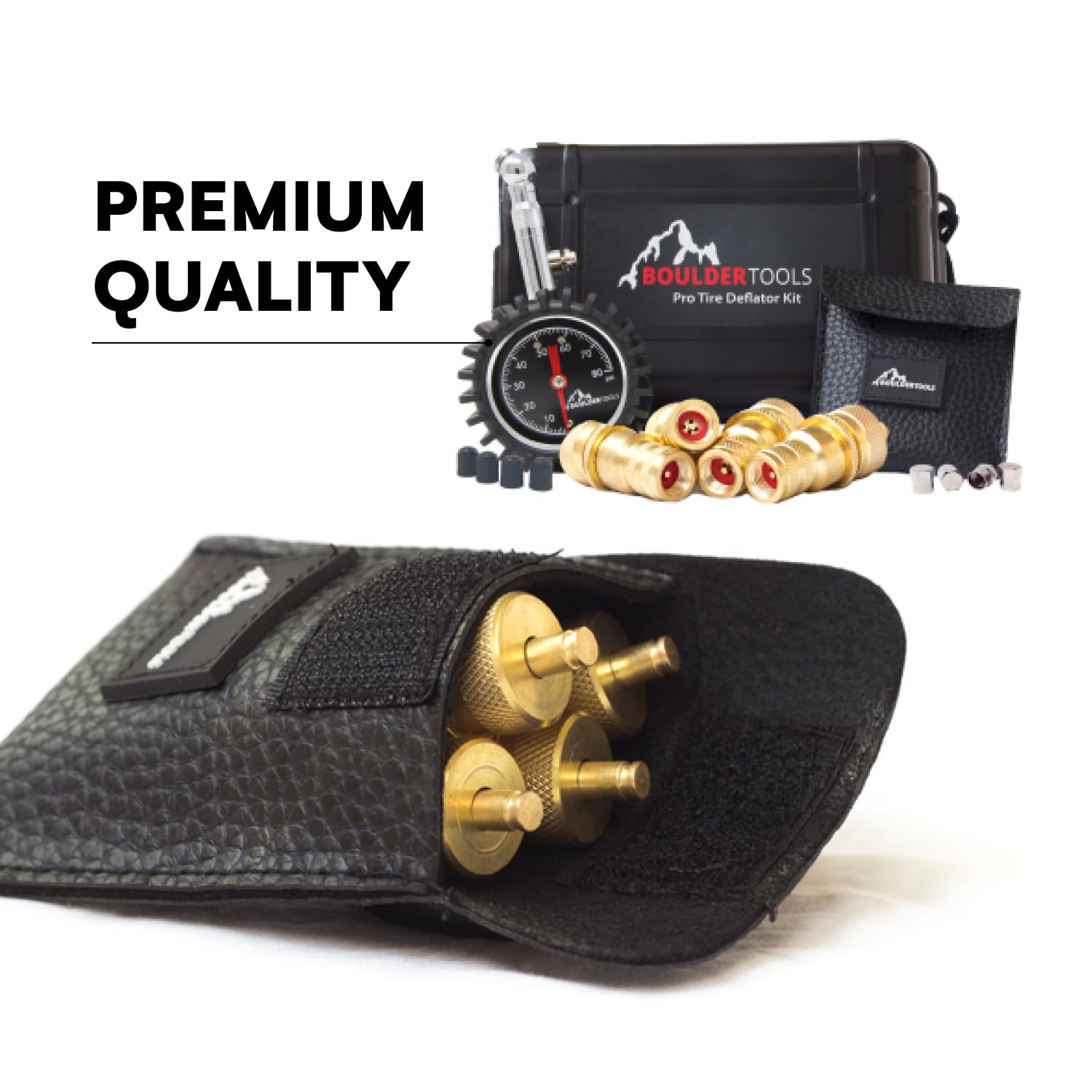 Boulder Tools automatic deflator attached to valve stem preset for quick deflation