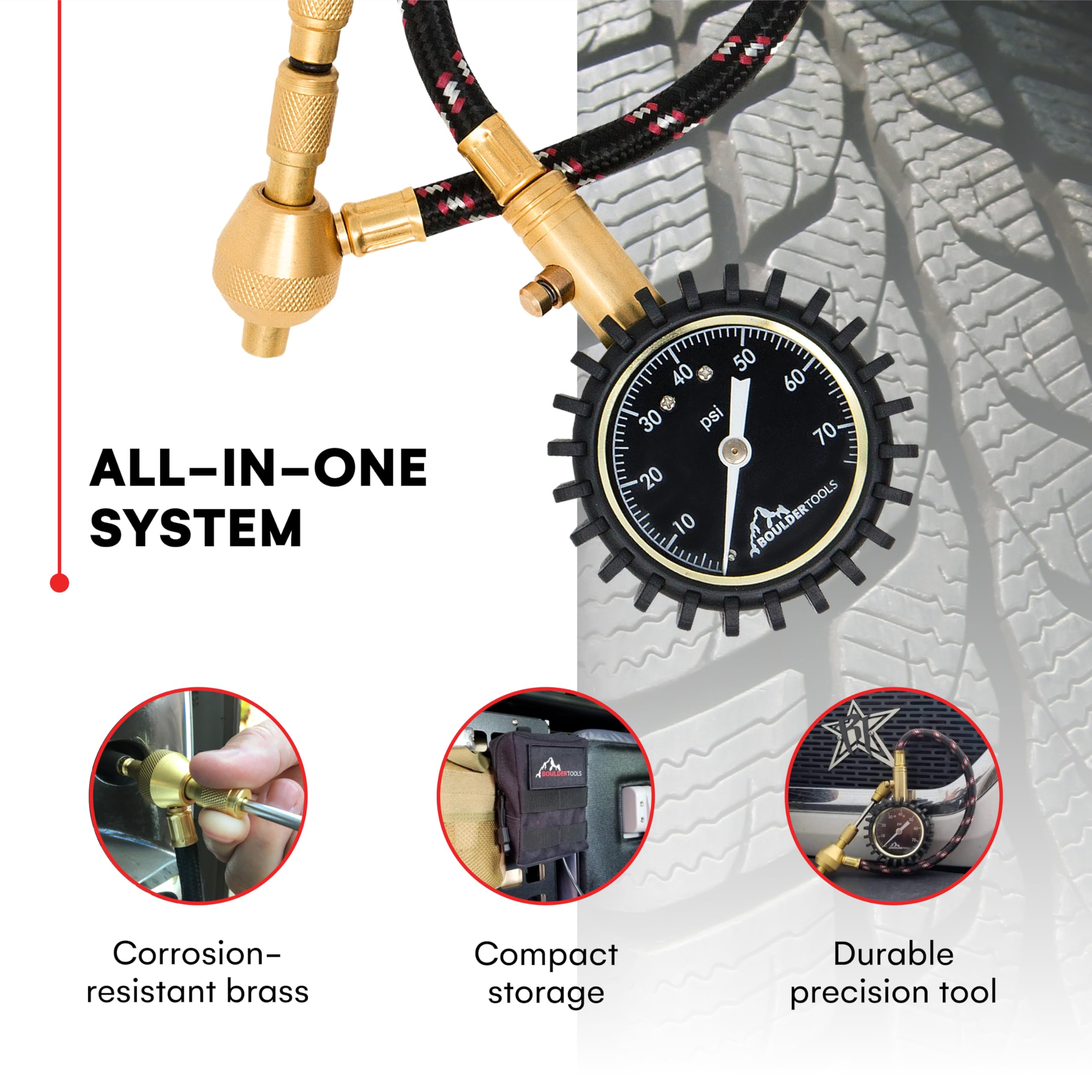 Boulder Tools built-in bourdon gauge enables on-the-fly tire pressure checks.