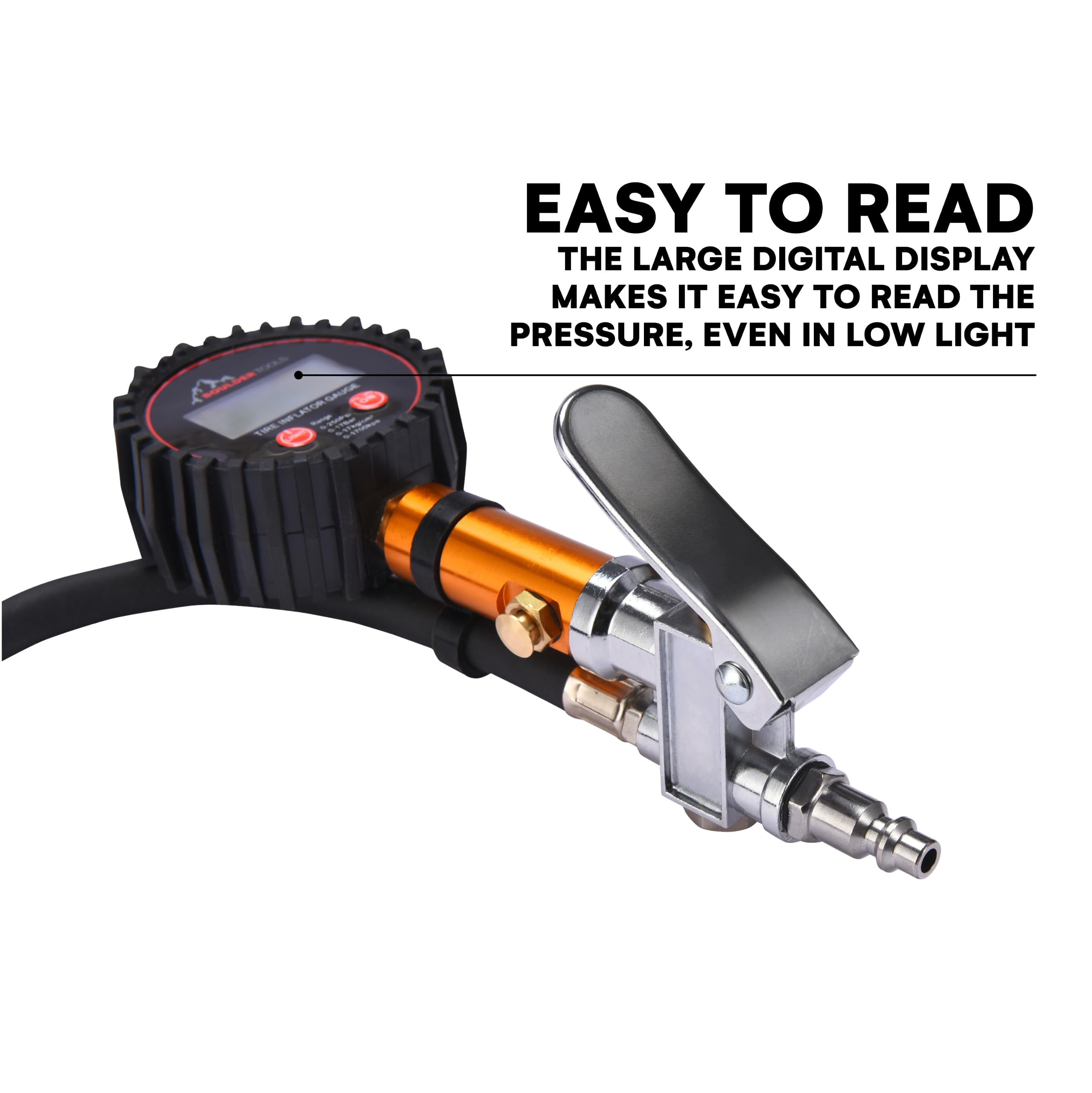 Boulder Tools inflator with locking air chuck for secure inflation.