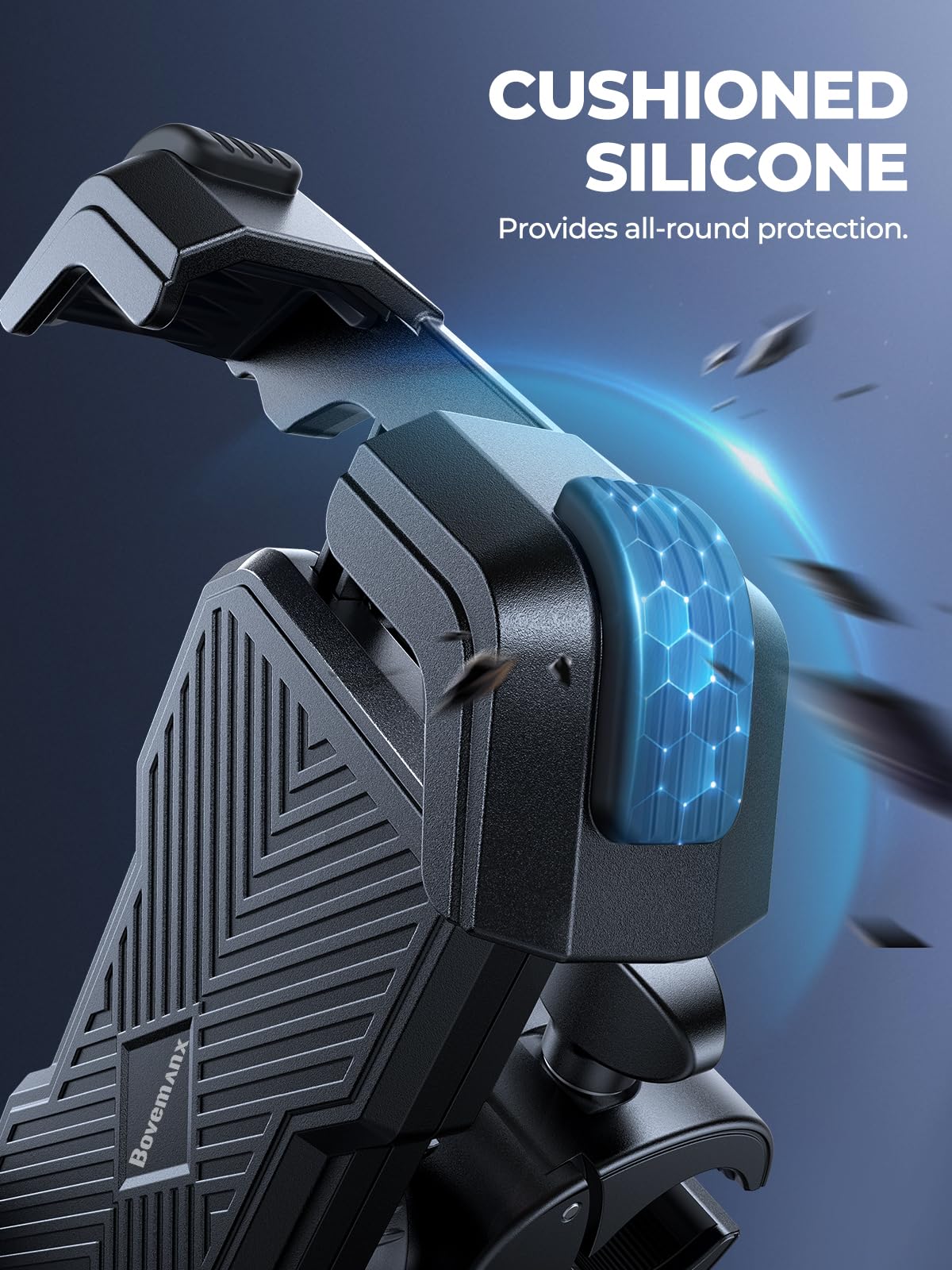 Bovemanx dual-locking mechanism keeps devices secure during rough roads.