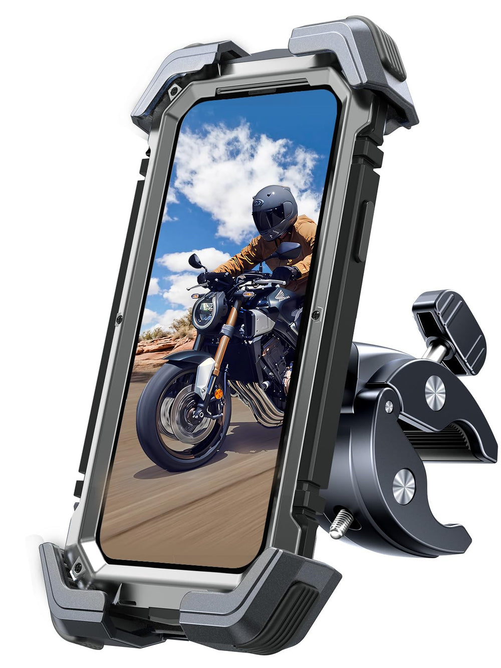 Bovemanx motorcycle phone mount with 360-degree rotation for versatile viewing.