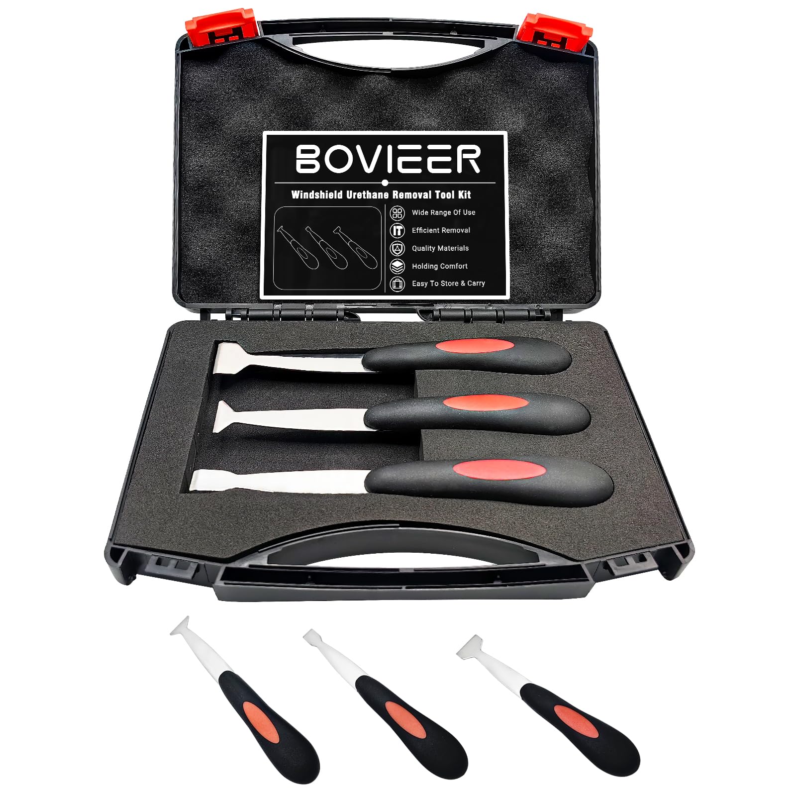 BOVIEER windshield urethane removal toolkit in its case, ideal for organized transport.