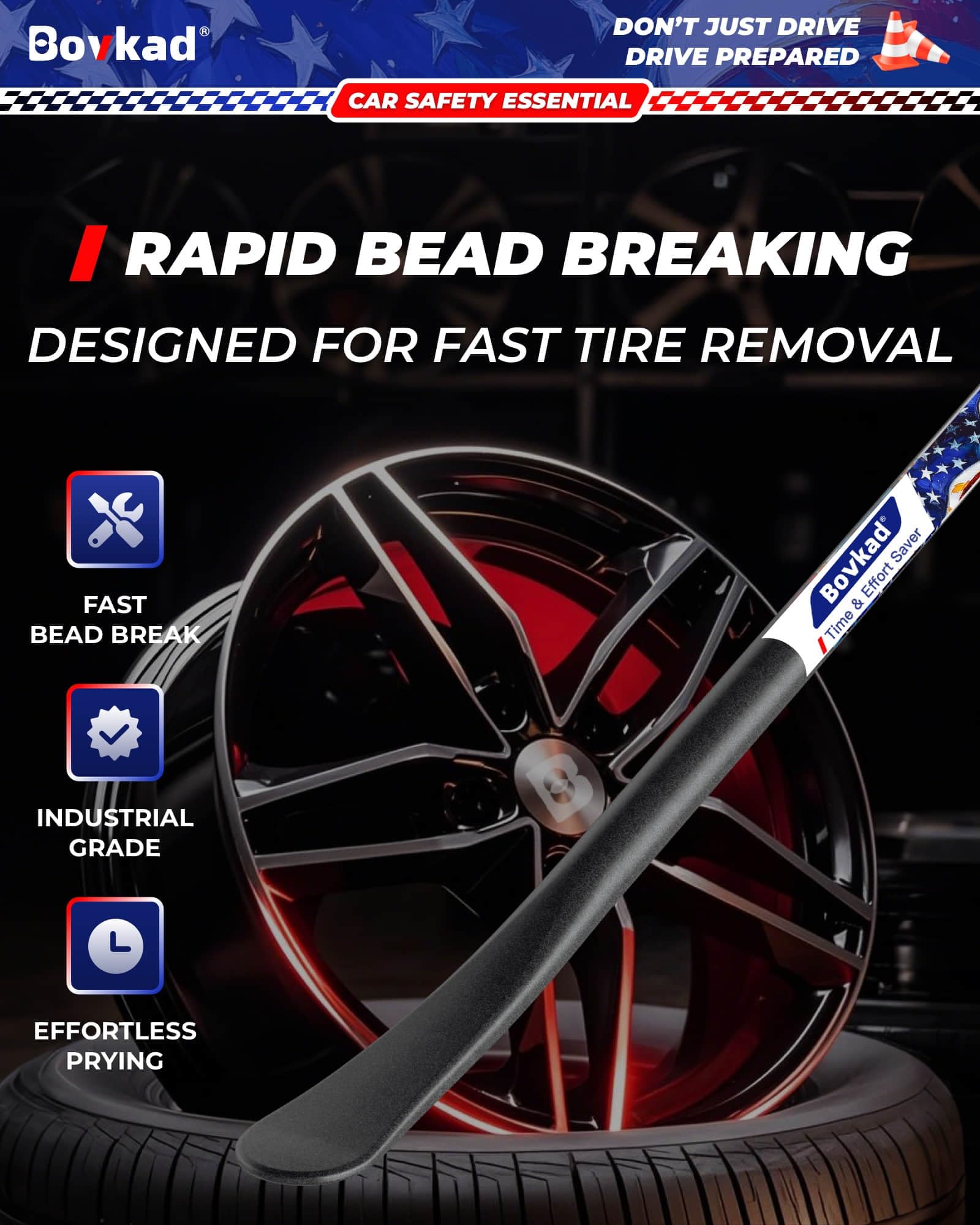 Bovkad angled spoon end eases bead removal from rims