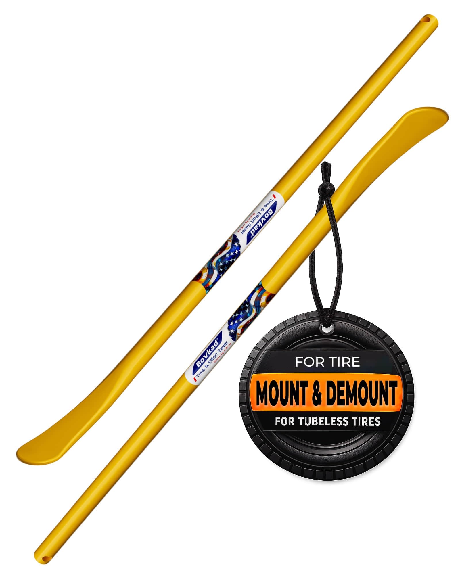 Bovkad 30 inch tire spoon bars kit laid out for quick roadside tire changes