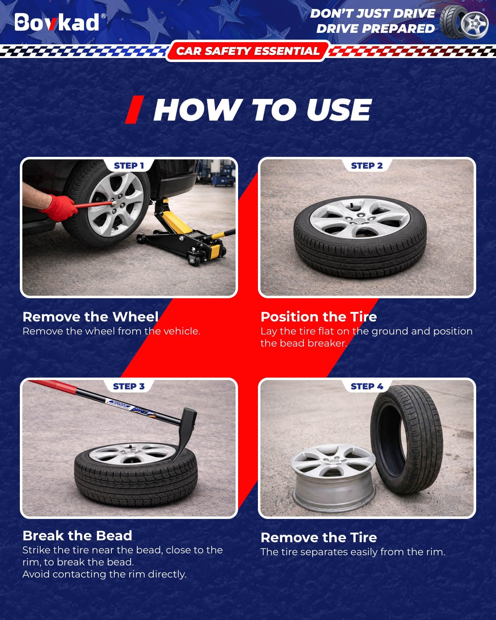 Packaging image showing Bovkad 32in tire hammer and included accessories.
