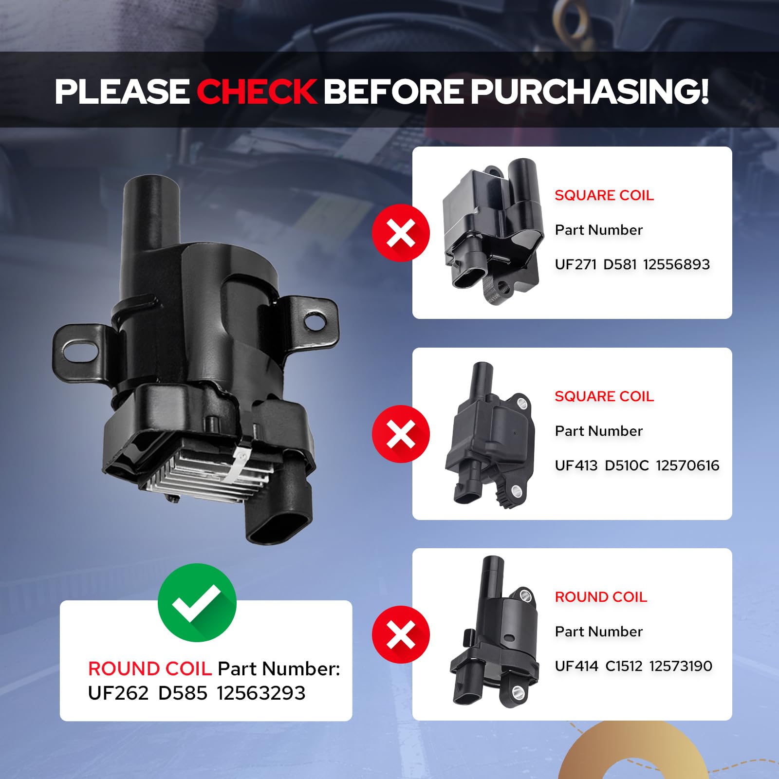 Box image of ENA UF262 eight-pack ignition coils packaging with compatibility info