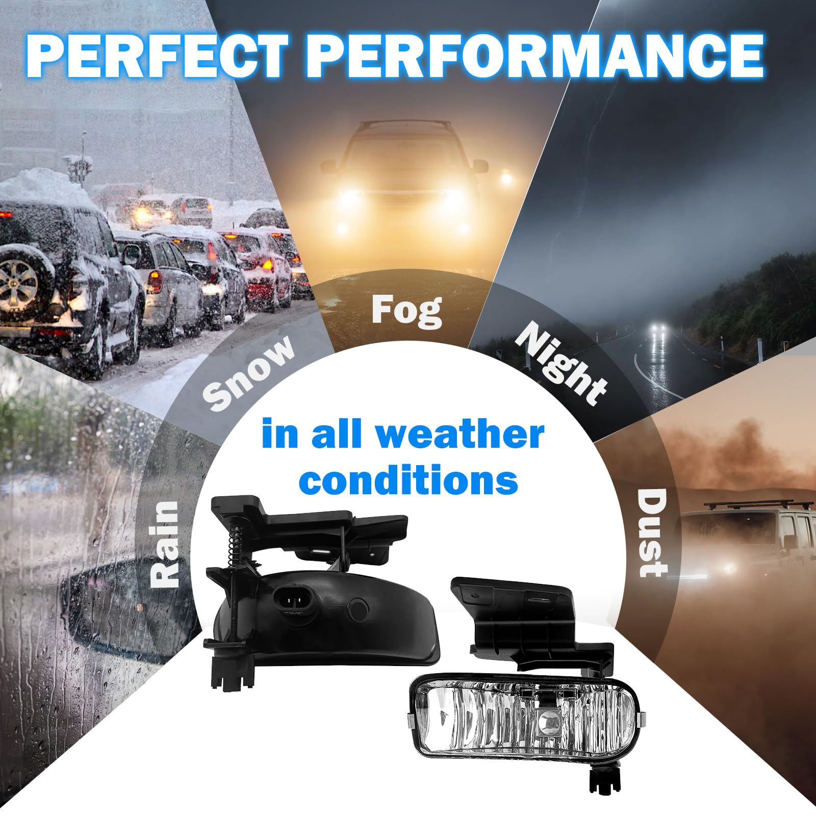 Boxlight fog lights assembly illuminated road scene demonstrates wide forward coverage.