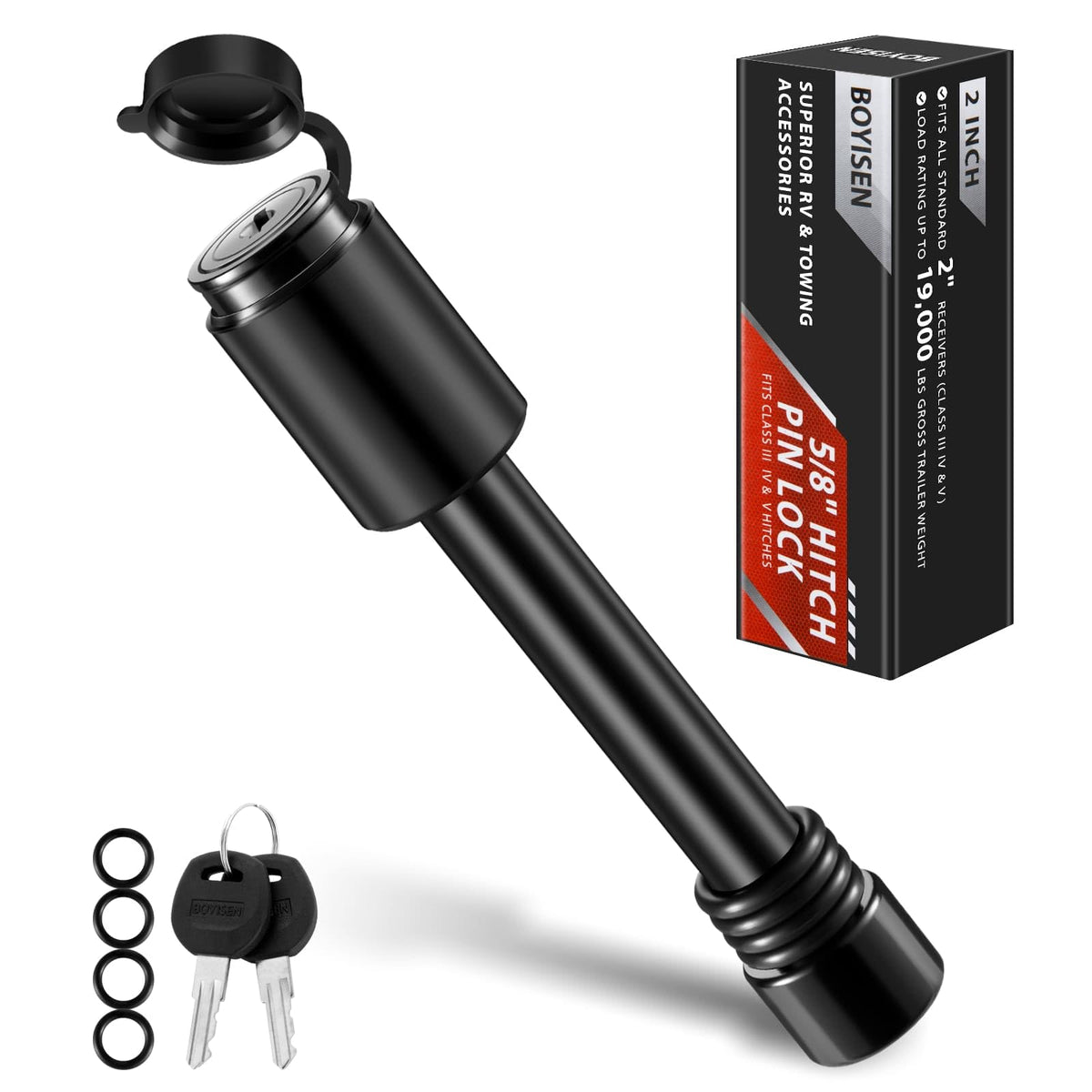 BOYISEN trailer hitch pin lock, 5/8-inch diameter, secures bike racks and ball mounts.