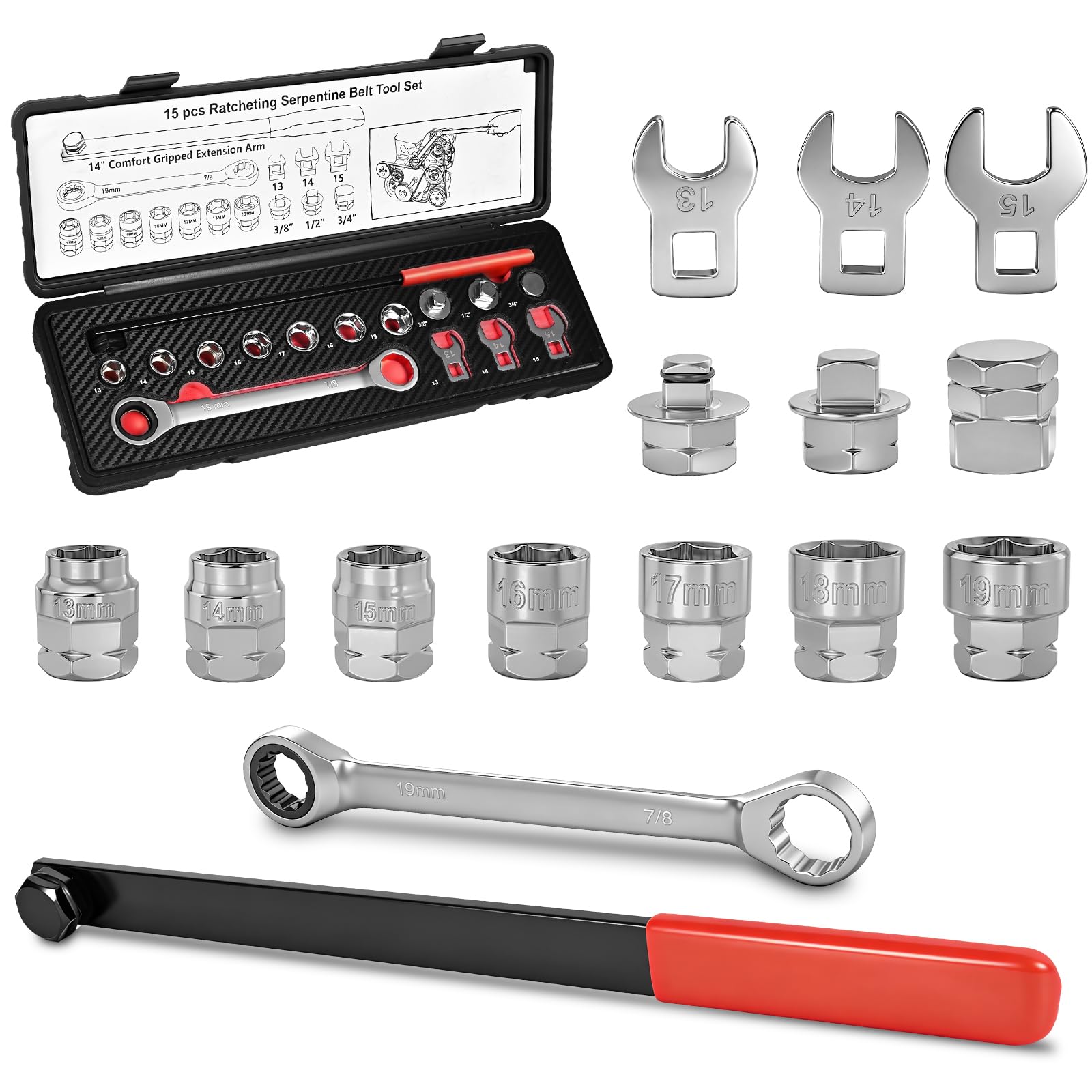 BQEC universal serpentine belt tool set in use for belt service and access