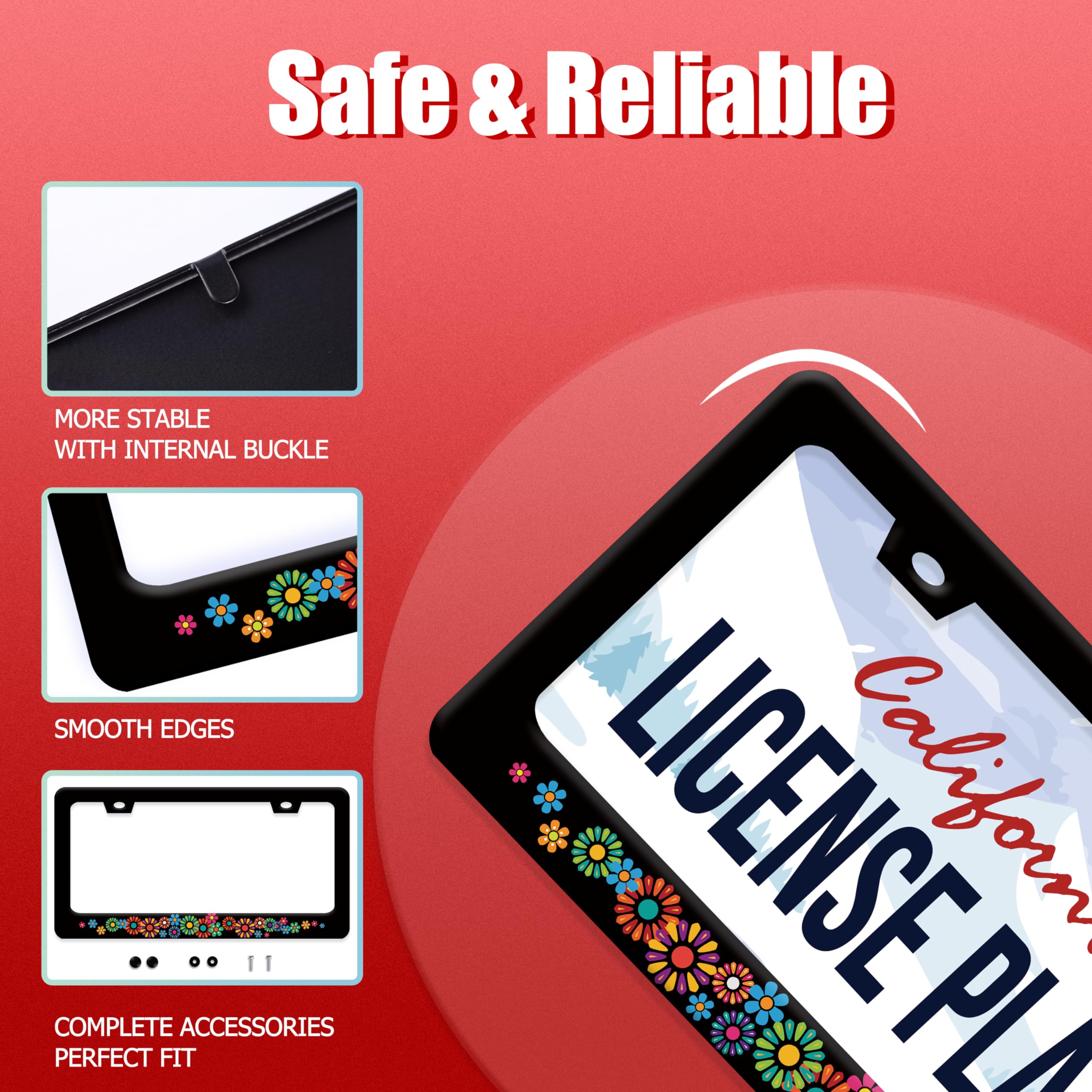 Close-up of BRAGHRTED stainless steel license plate frame with floral print
