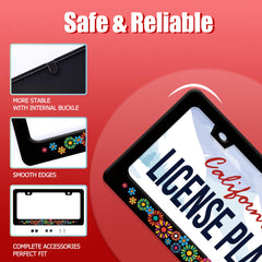Close-up of BRAGHRTED stainless steel license plate frame with floral print