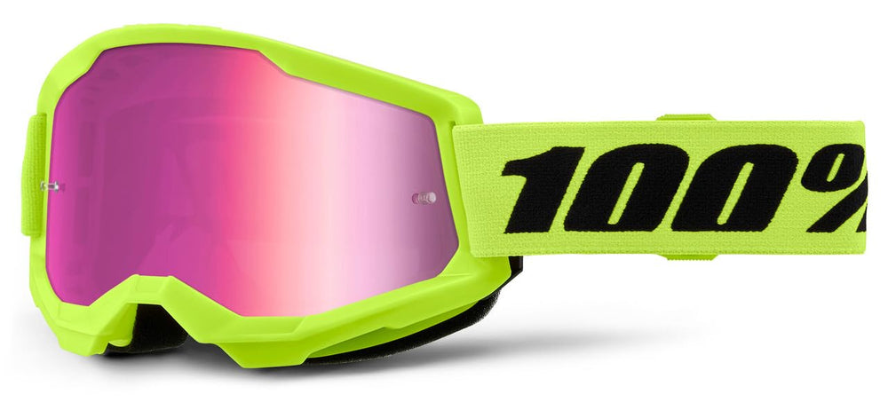 100% Strata 2 goggles, neon yellow frame with pink mirror lens for clear motocross visibility.
