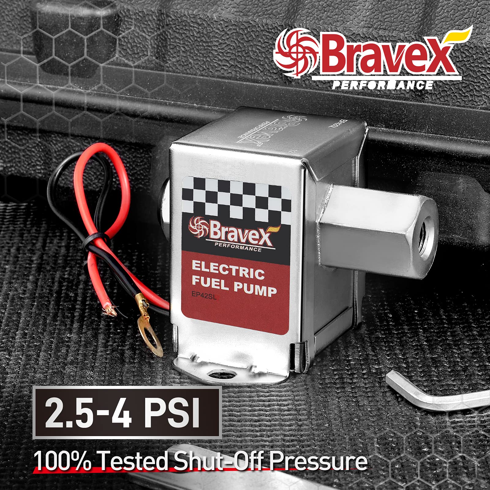 Bravex EP12S inline fuel pump car installation view showing versatile fit