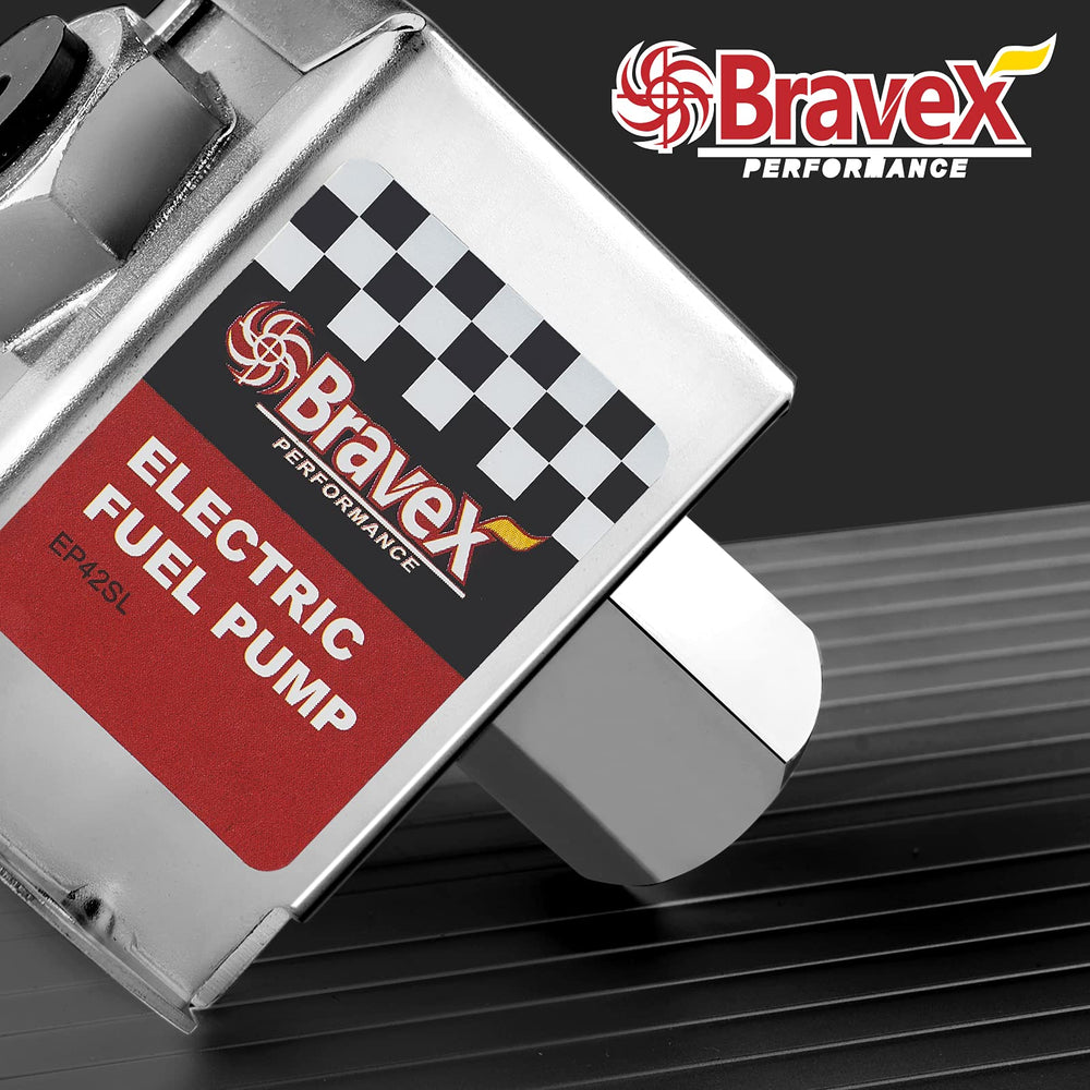 Bravex EP12S inline fuel pump ports and label indicating compatibility