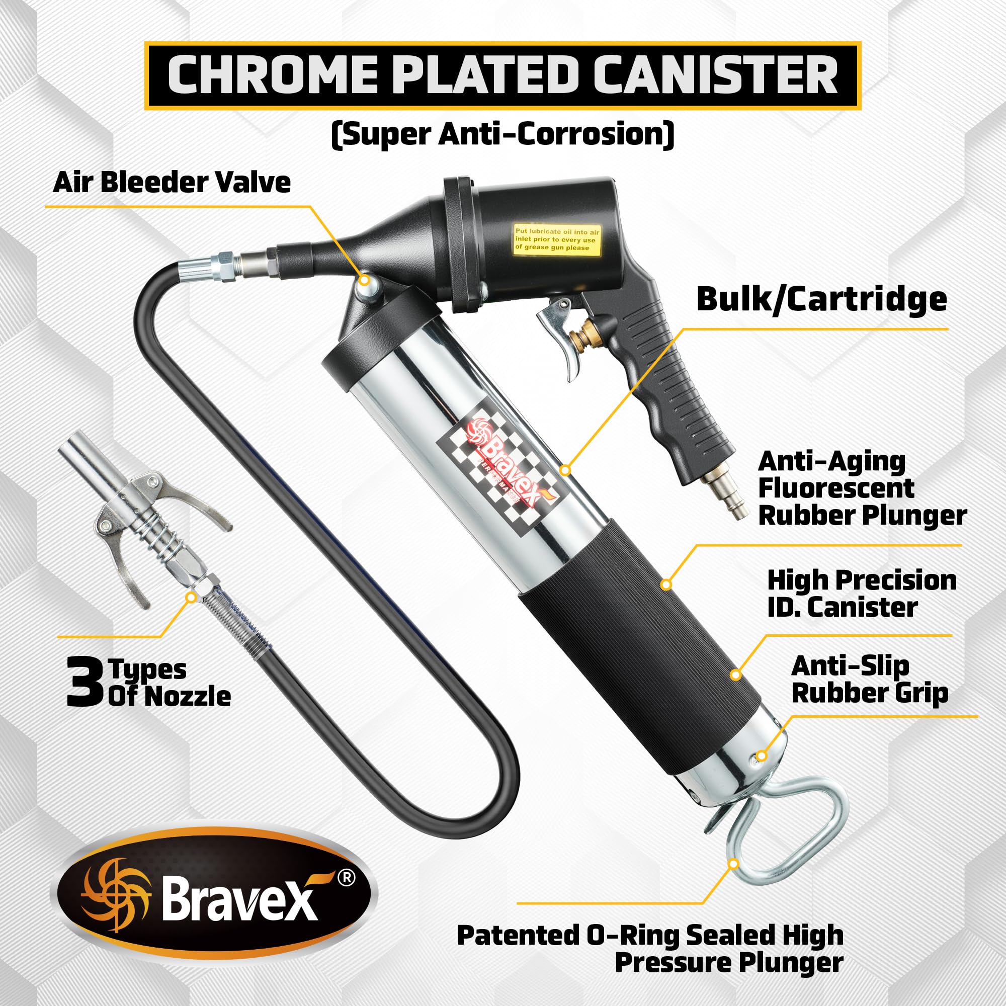 Bravex high-pressure piston and O-ring seal reduce leaks.