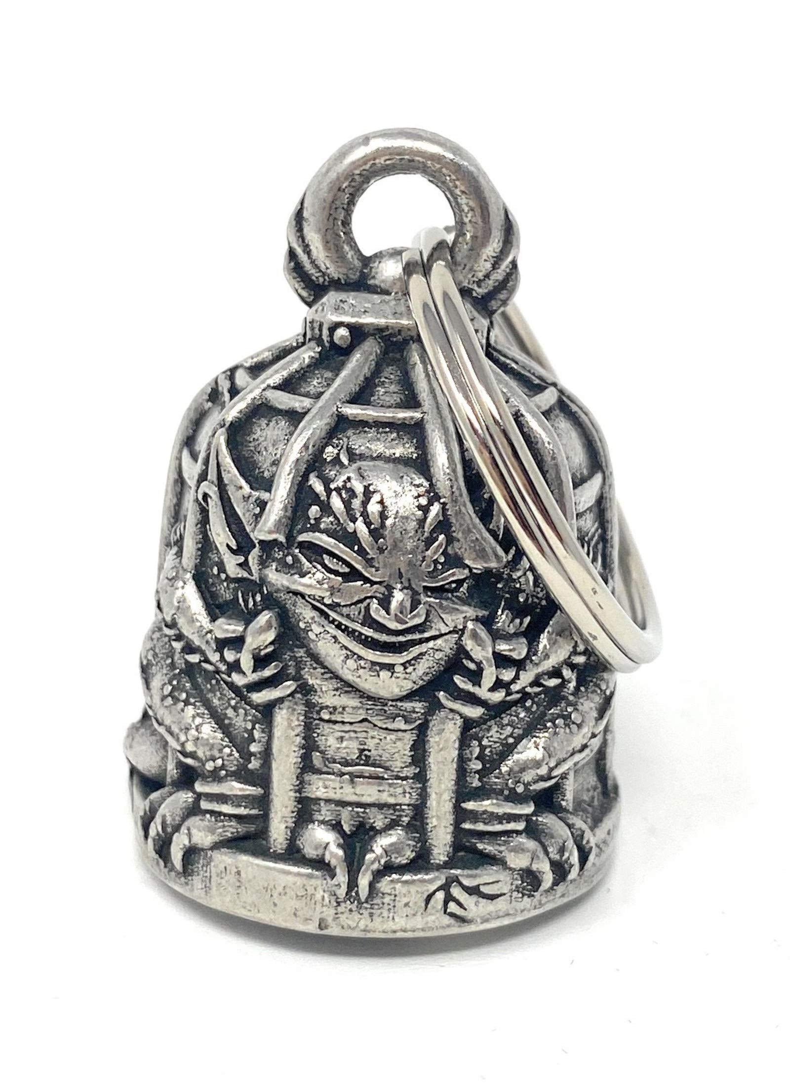 Bravo Bells caged gremlin motorcycle bell close-up in lead-free pewter for roadside luck.