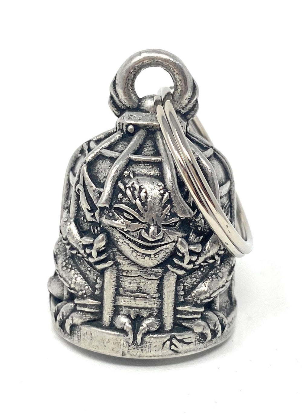 Bravo Bells caged gremlin motorcycle bell close-up in lead-free pewter for roadside luck.