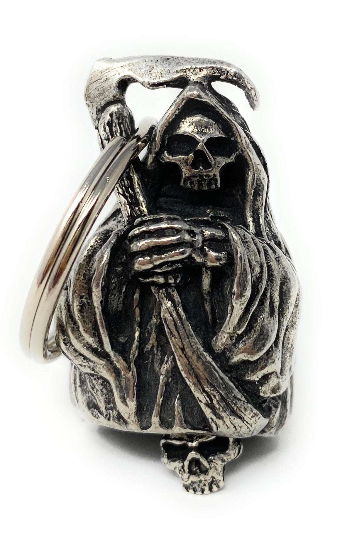 Bravo Bells Grim Reaper Bell front view, USA-made pewter charm for safer rides.